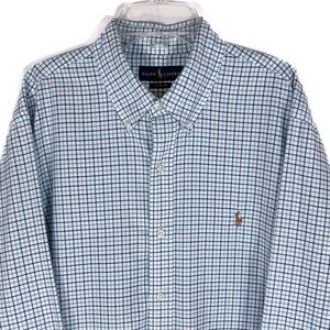 Ralph Lauren Button Down Shirt Mens L Green Blue Plaid Flesh Pony Preppy EUC